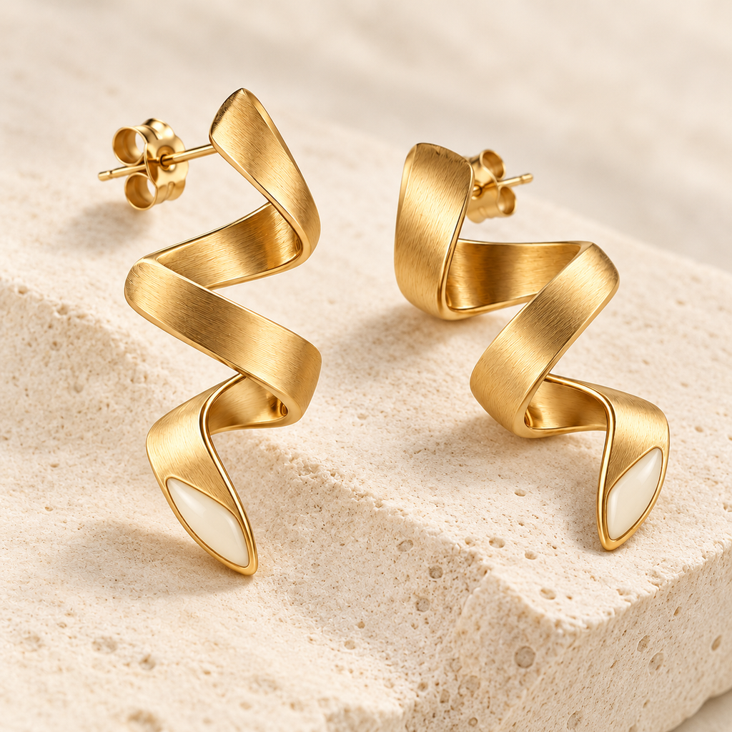 Dune Script earrings, detail view — AI design rendering