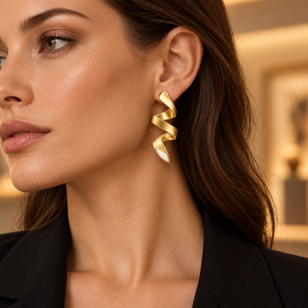 Dune Script earrings, model view — AI design rendering