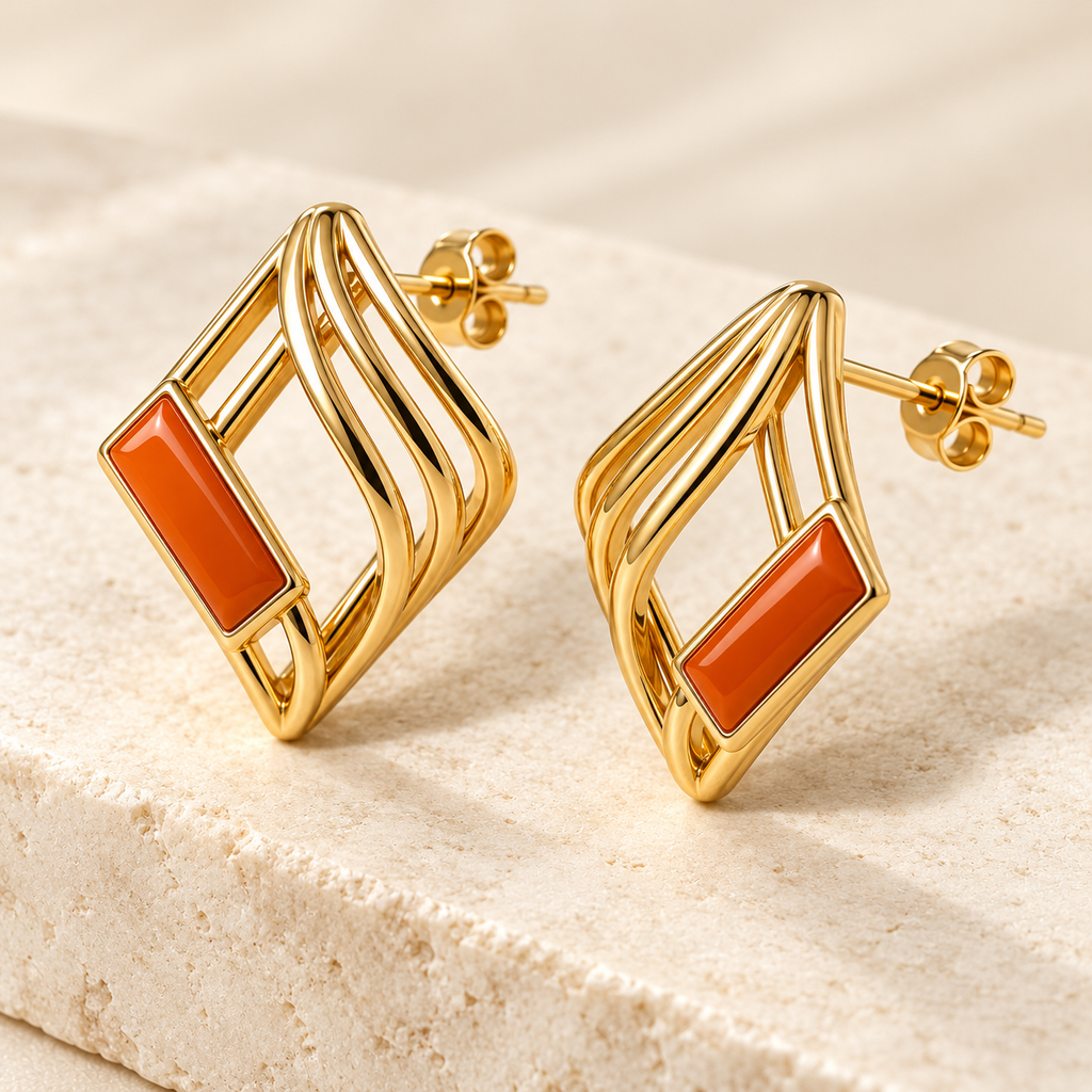 Ember Lattice earrings, detail view — AI design rendering