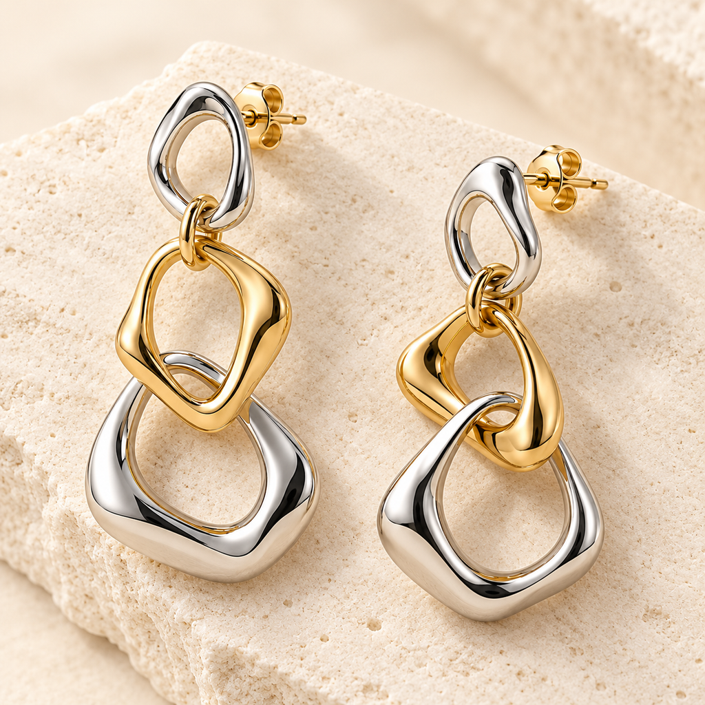 Orbit Cairn earrings, detail view — AI design rendering