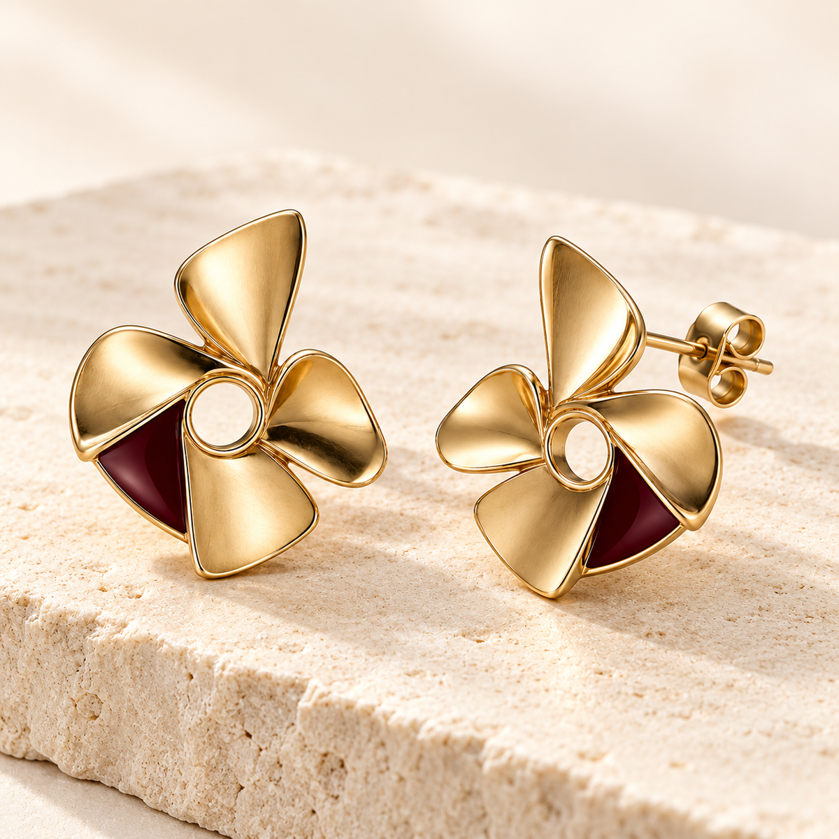 Petal Compass earrings, detail view — AI design rendering