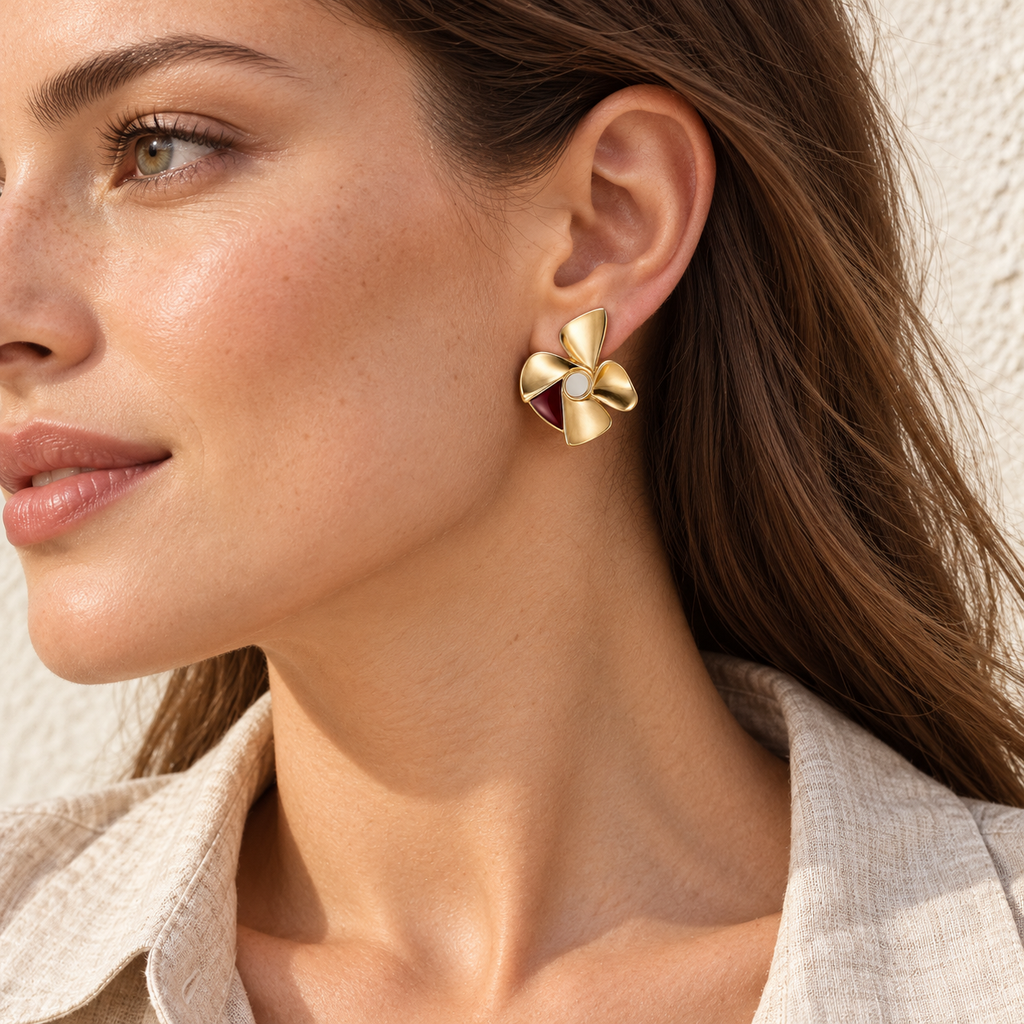 Petal Compass earrings, model view — AI design rendering