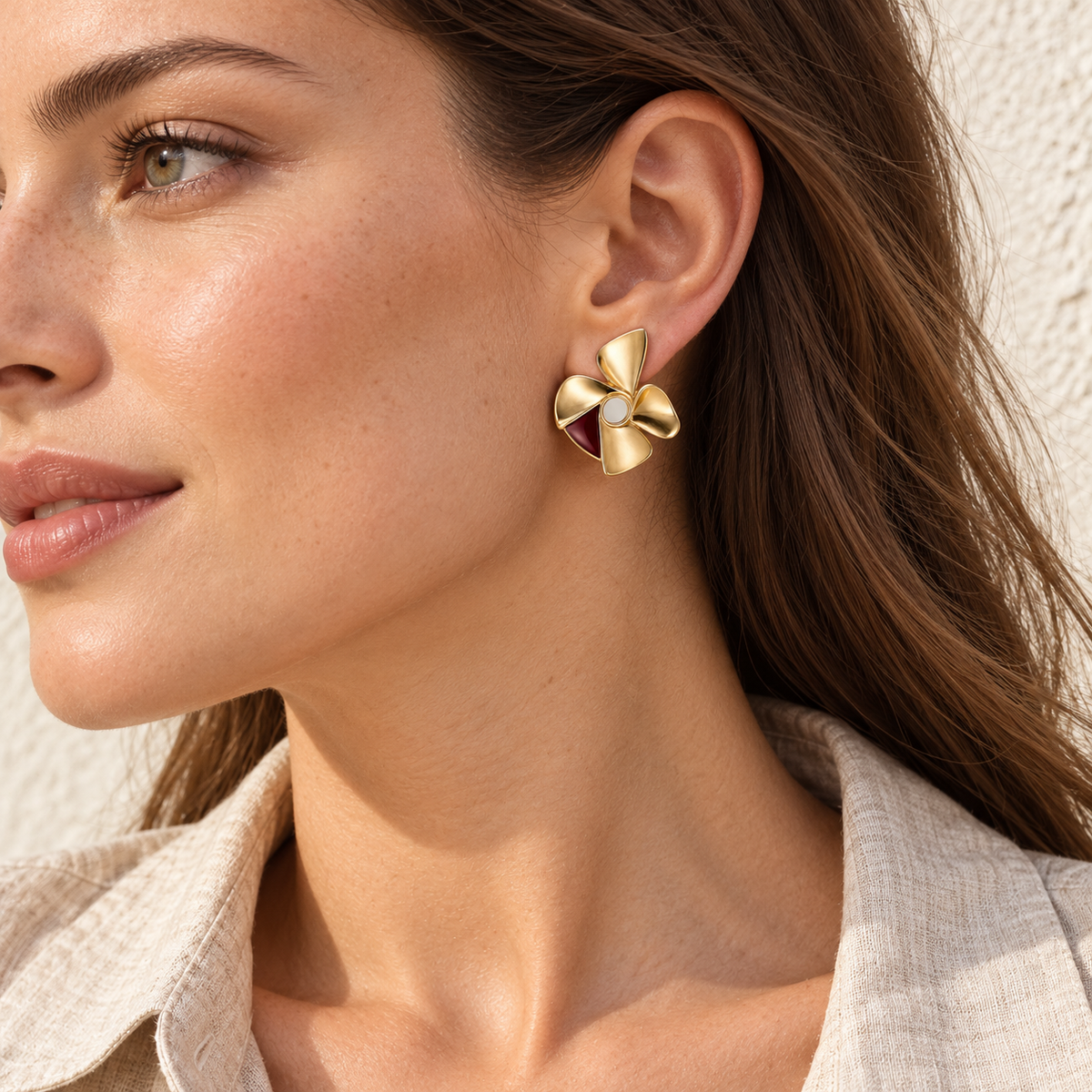 Petal Compass earrings, model view — AI design rendering