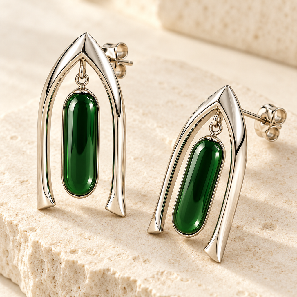 Rain Vault earrings, detail view — AI design rendering