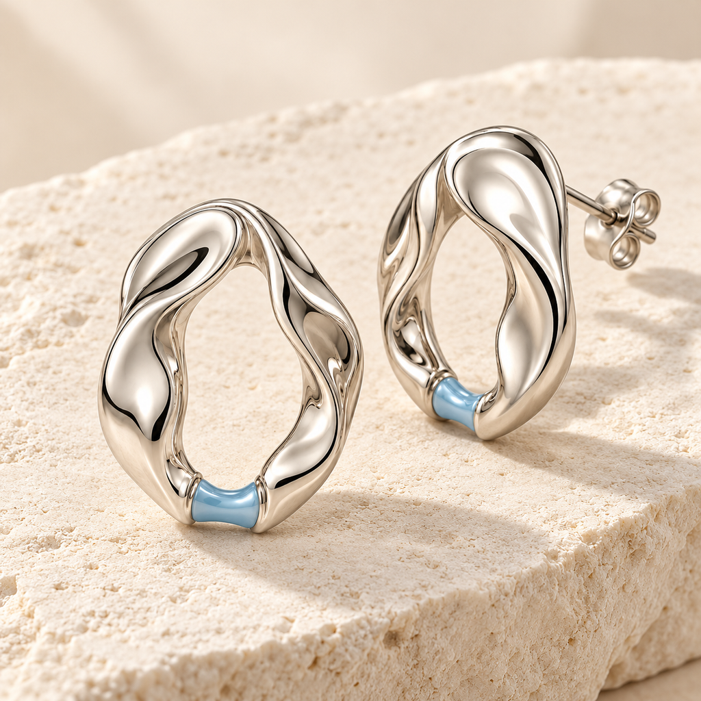 Tidal Aperture earrings, detail view — AI design rendering